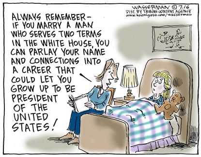 Political cartoon U.S. Clinton bedtime story