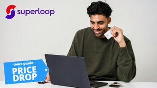 Superloop NBN logo with man holding credit card and laptop with Tom's Guide price drop badge