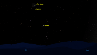 Night sky view on January 4 showing the Moon, Saturn, and Venus labeled in yellow text, slightly shifted positions compared to the previous day, above the southwest horizon with hills in the foreground.