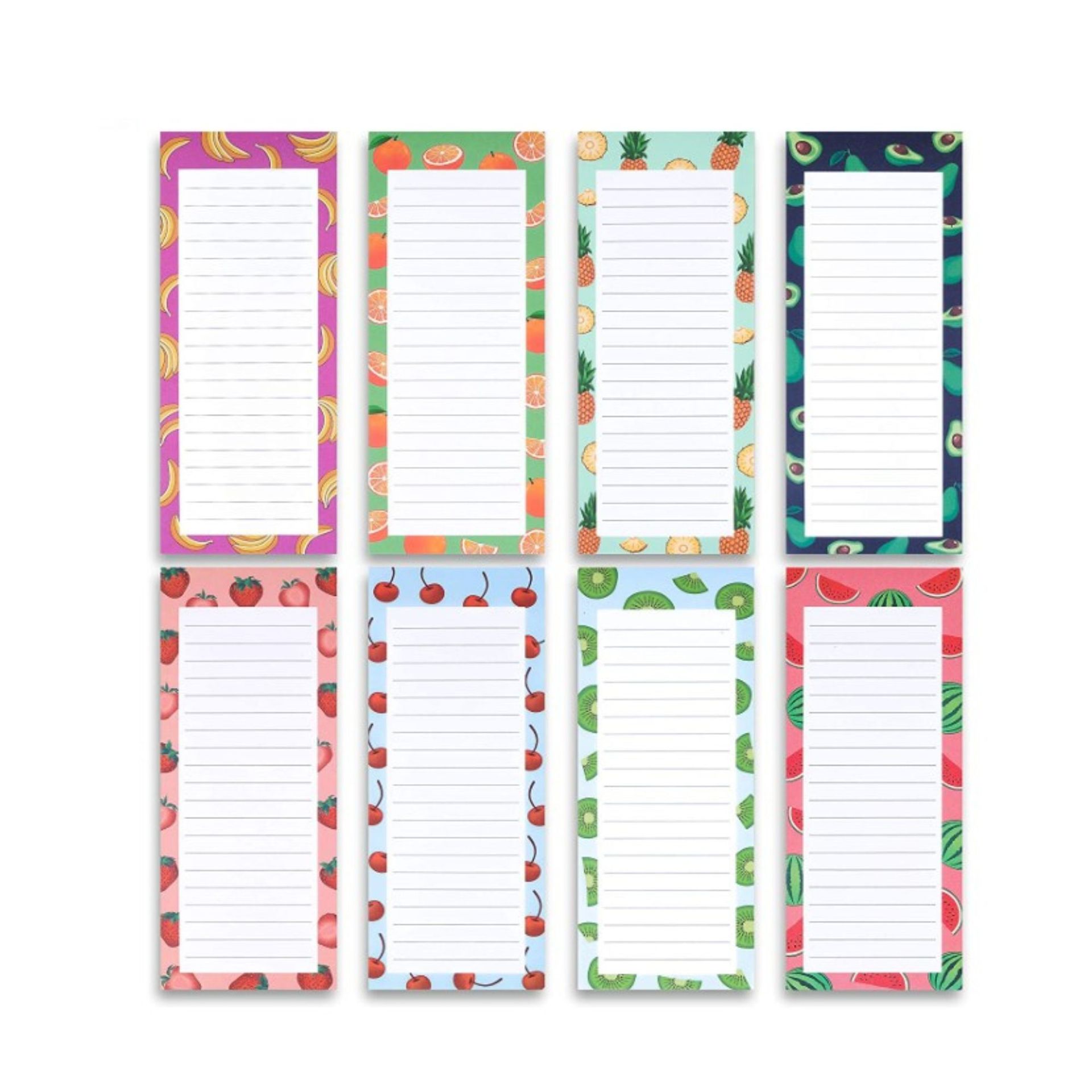 Delapan daftar belanja berwarna-warni dengan buah di atasnya