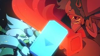 An icy blue creature and a snarling red demon face off around a glowing cyan crystal, amid fiery energy in a dramatic fantasy battle.