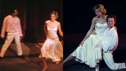 A photo of Princess Diana and Wayne Sleep dancing on stage in 1985 next to a photo of Emma Corrin in The Crown recreating the dance scene