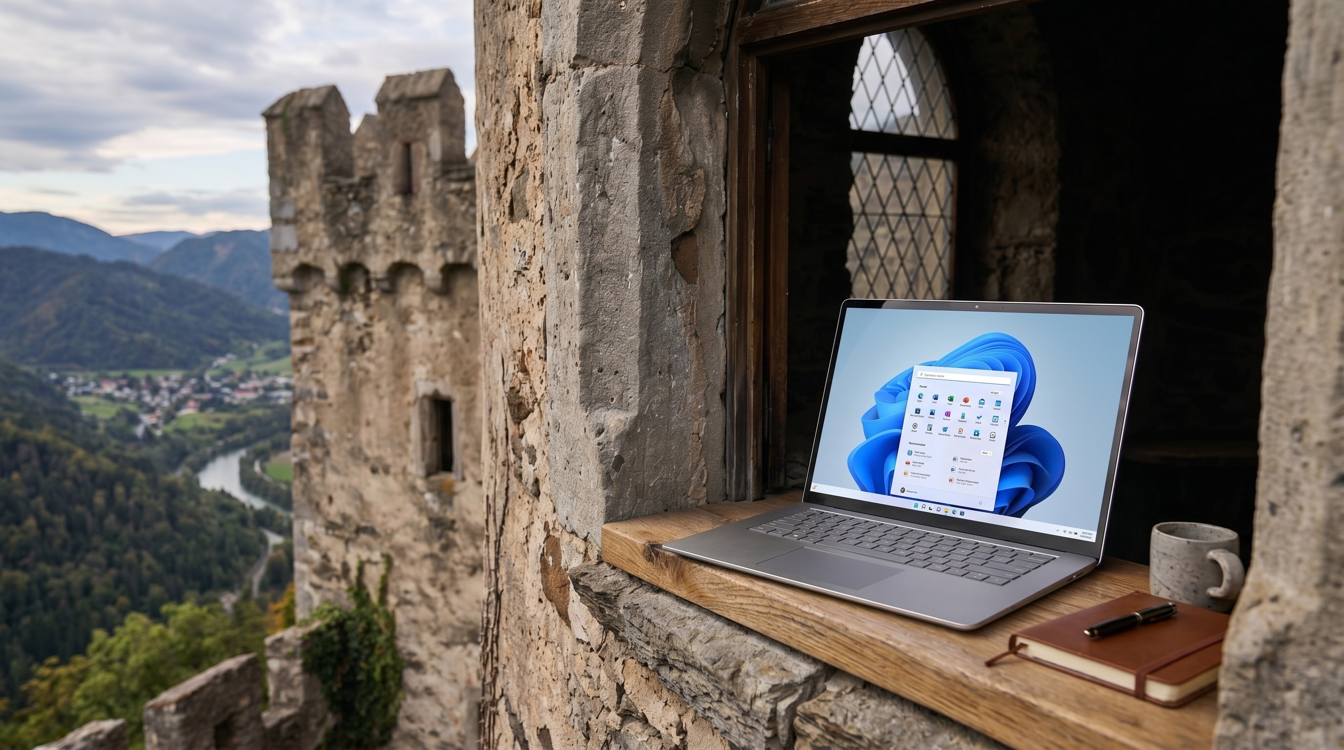 A sleek laptop with a scenic landscape on its screen sits on a castle window ledge. The view includes rolling hills, a winding river, and a distant town, conveying a sense of tranquility and history.