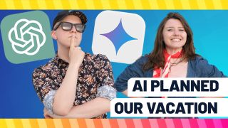 Two people on a blue backdrop with yellow and pink borders, text reading "AI planned our vacation" and the logos for Gemini and ChatGPT