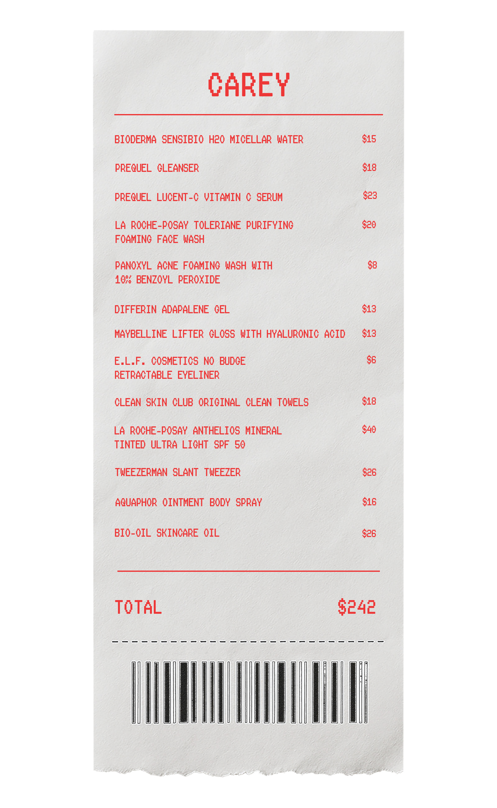 Carey Campbell, MD, drugstore shopping receipt.