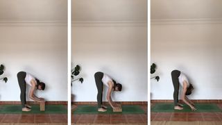 Lucy McCarthy performs forward fold yoga move