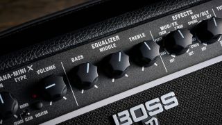 Close up of the equalizer on a Boss Katana Mini X guitar amp