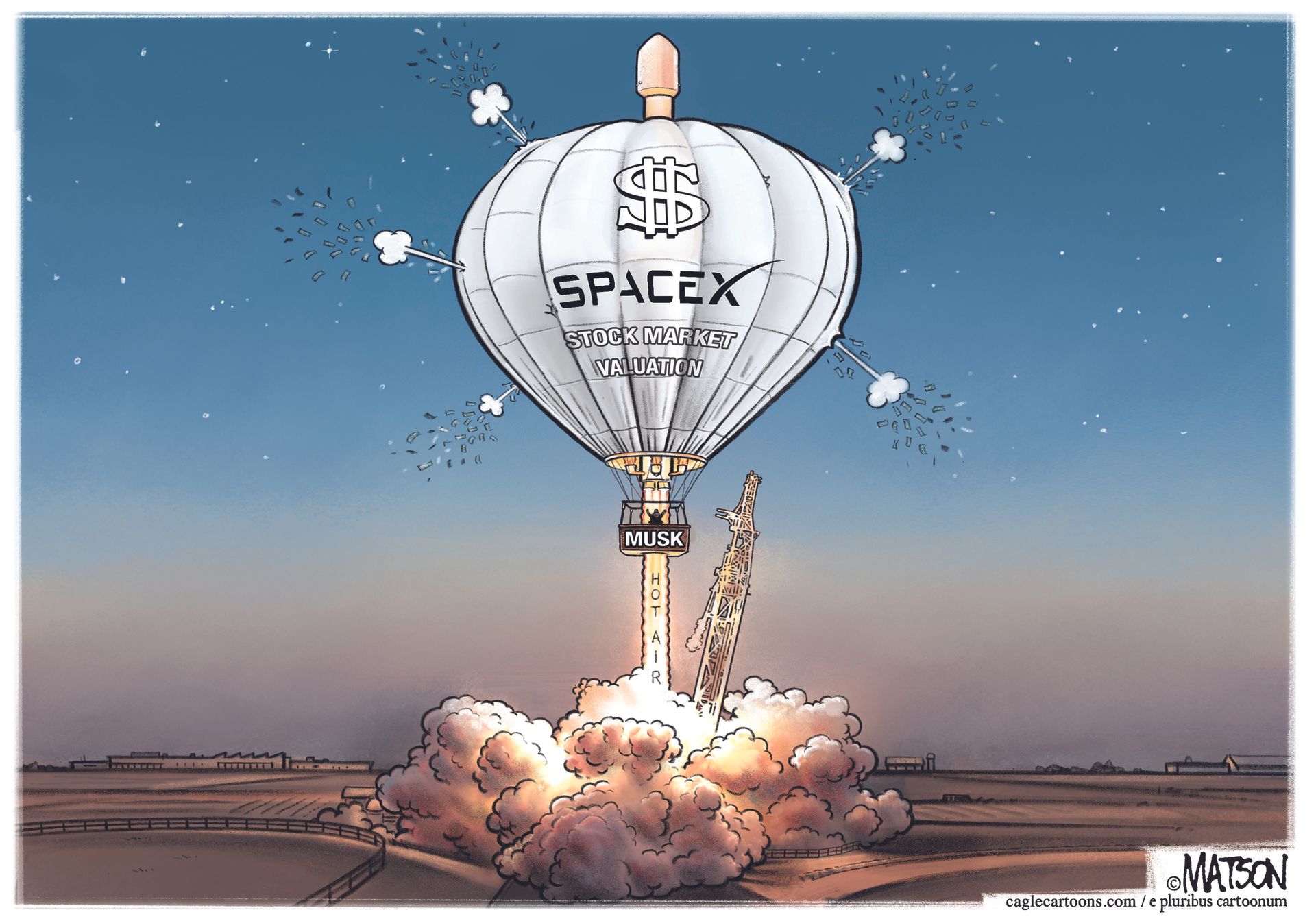 
                                This political cartoon depicts a hot-air balloon labeled “SpaceX Stock Market Valuation” taking off with Elon Musk in the basket. The balloon has five punctures which are leaking air.
                            