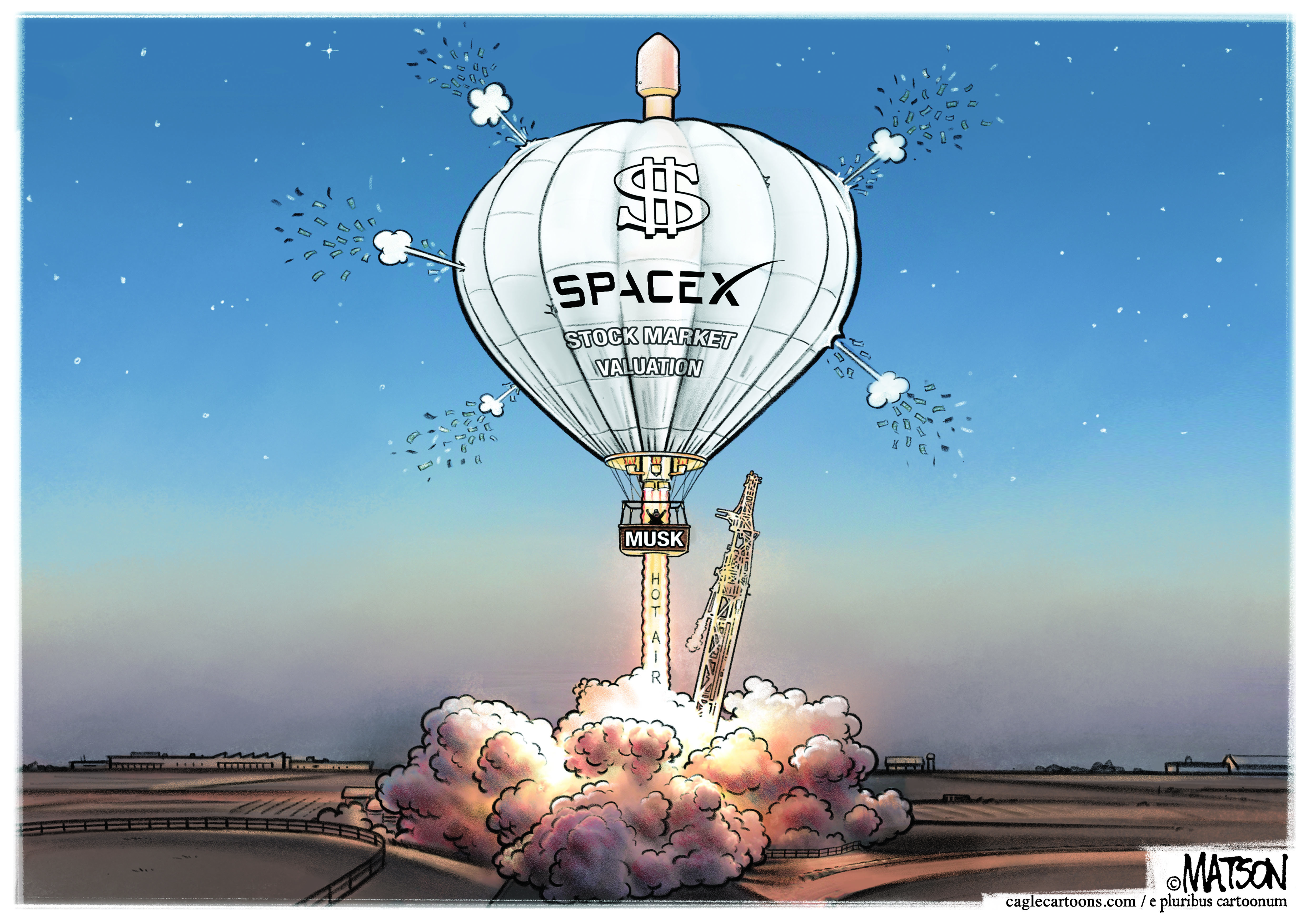 This political cartoon depicts a hot-air balloon labeled &amp;ldquo;SpaceX Stock Market Valuation&amp;rdquo; taking off with Elon Musk in the basket. The balloon has five punctures which are leaking air.