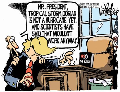 Political Cartoon Trump Red Button Hurricane Dorian Nukes