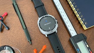 Close-up of the Samsung Galaxy Watch 8 Classic in silver on a black strap