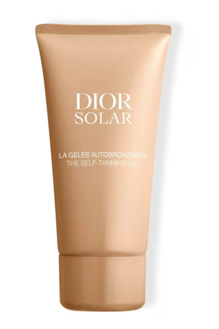 A bottle of Dior Solar The Self-Tanning Gel set against a white background.