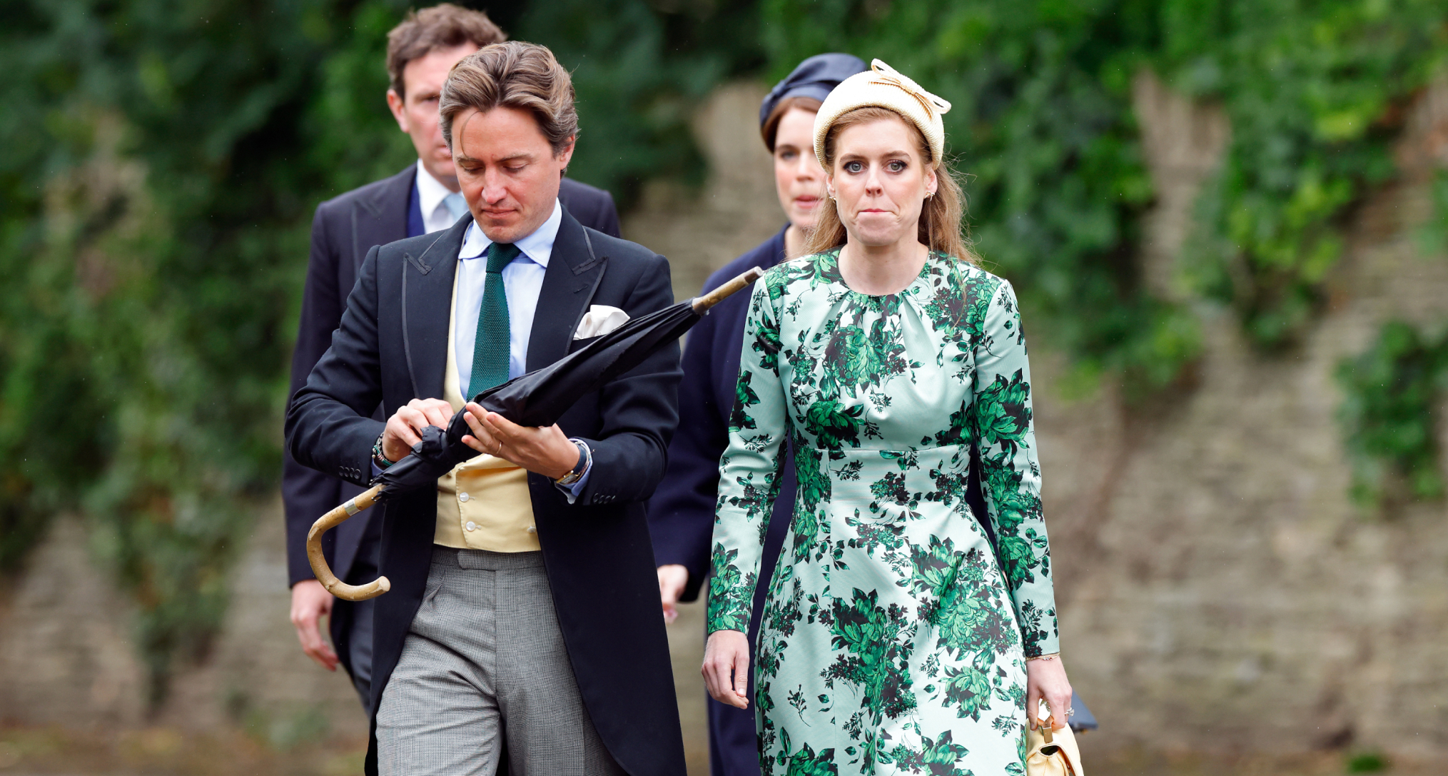 Edoardo Mapelli Mozzi, Princess Beatrice, Jack Brooksbank and Princess Eugenie walking to Peter Phillips and Harriet Sperling's wedding