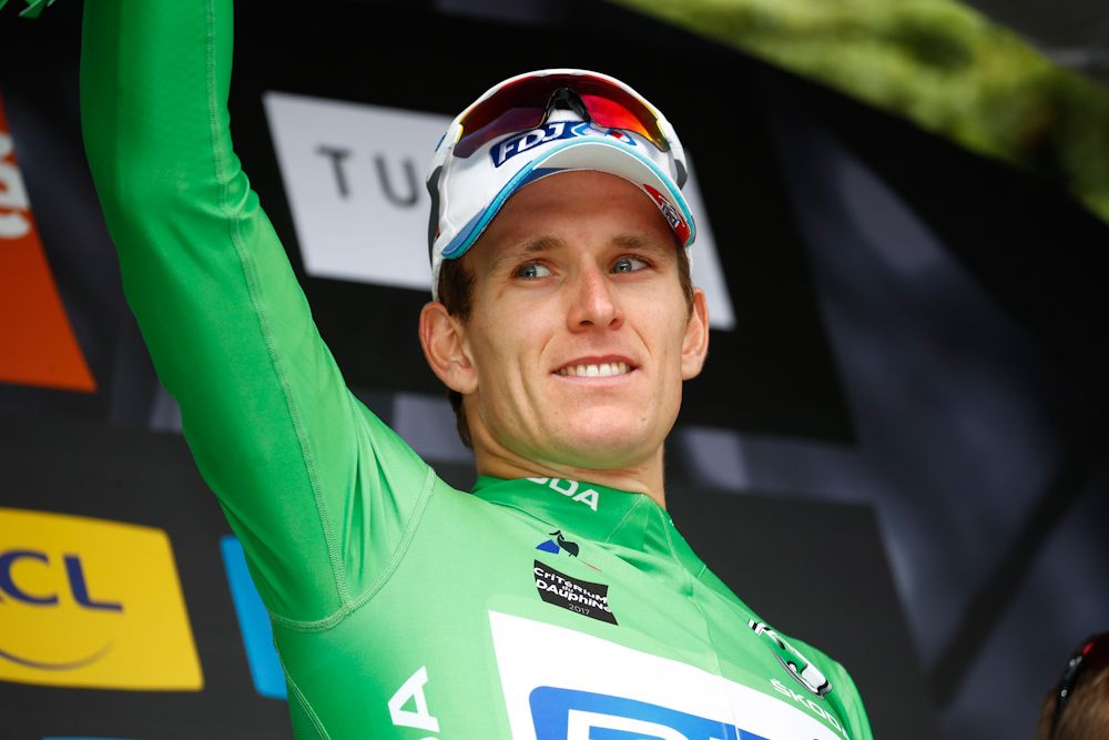 Arnaud Demare in green after stage 3 at Dauphine