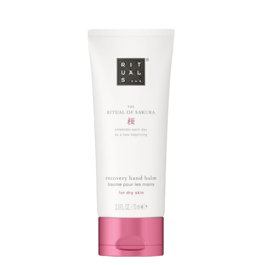 A product shot of the RITUALS The Ritual of Sakura Cherry Blossom &amp;amp; Rice Milk Recovery Hand Balm, on a white background