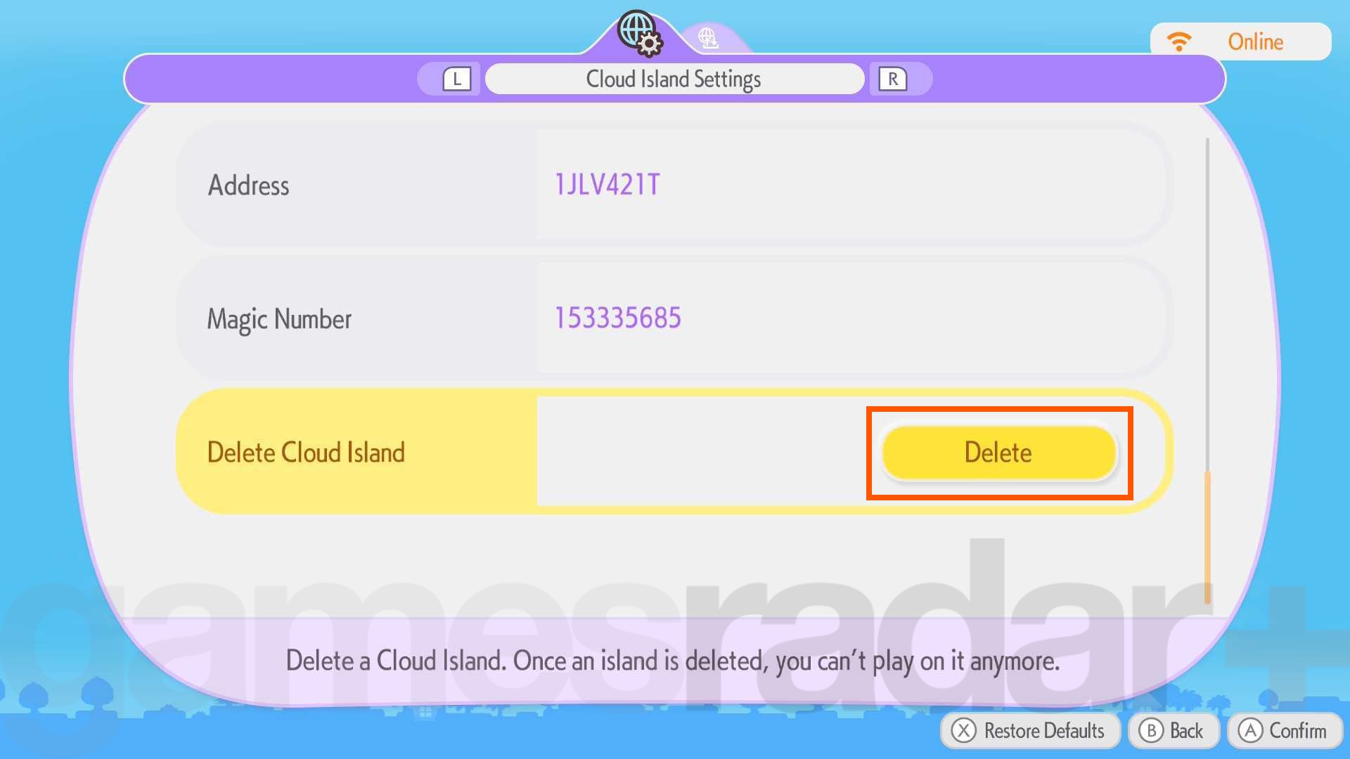 The setting menu where you can delete a Pokopia Cloud Island.