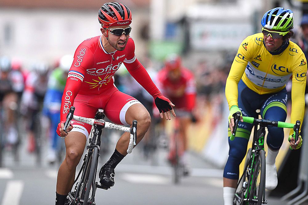 Nacer Bouhanni and Michael Matthews react after the contentious stage 2 sprint at Paris-Nice