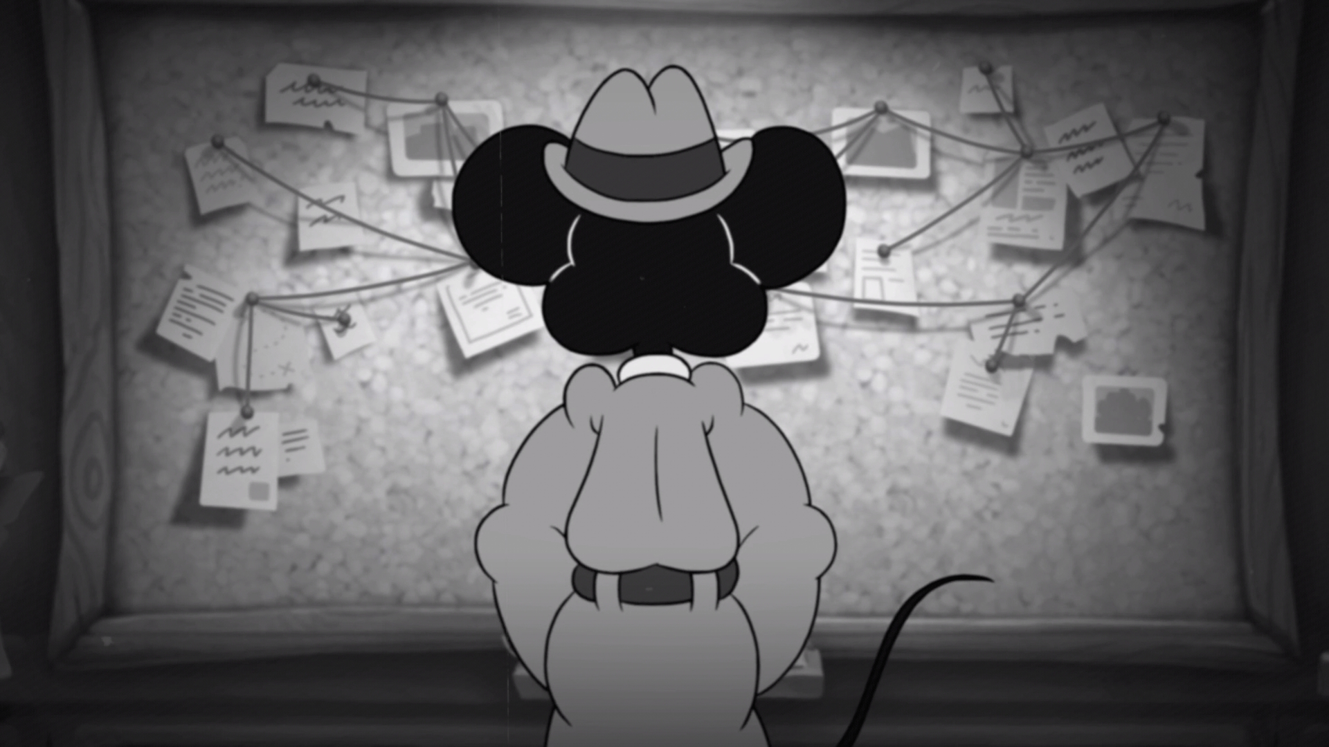 Jack Pepper looks at the investigation board in Mouse P.I. for Hire