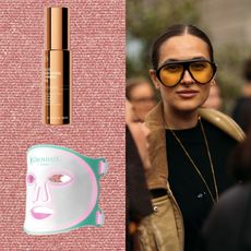 a pink background with a copper bottle and white face mask next to a woman in sunglasses with dark hair