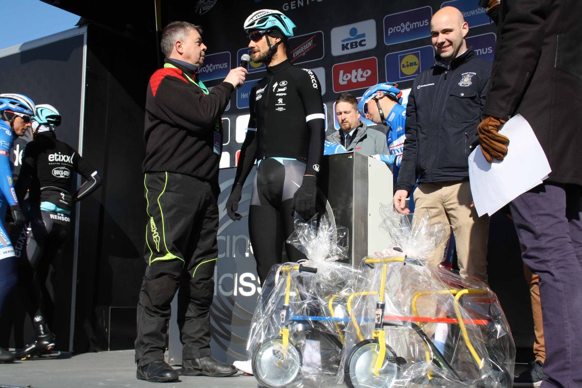 New father Tom Boonen was presented with gifts for his twin girls at the start of Omloop Het Nieuwsblad.