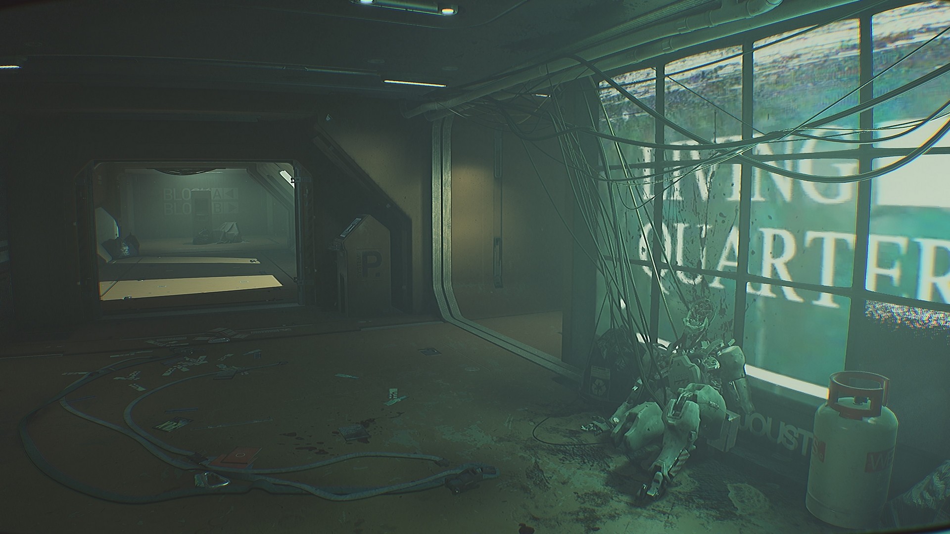 The living quarters where a mechanical body leans smashed in Routine