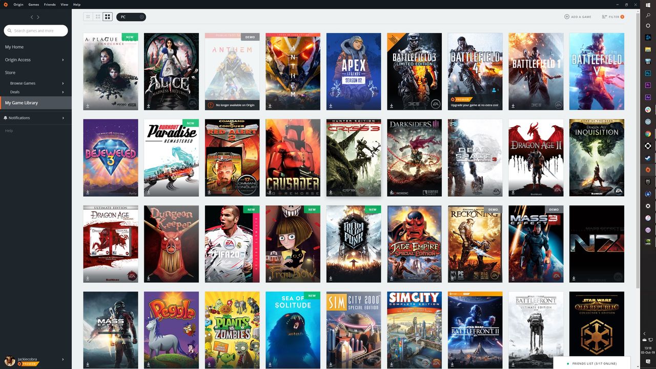 EA Origin's library page
