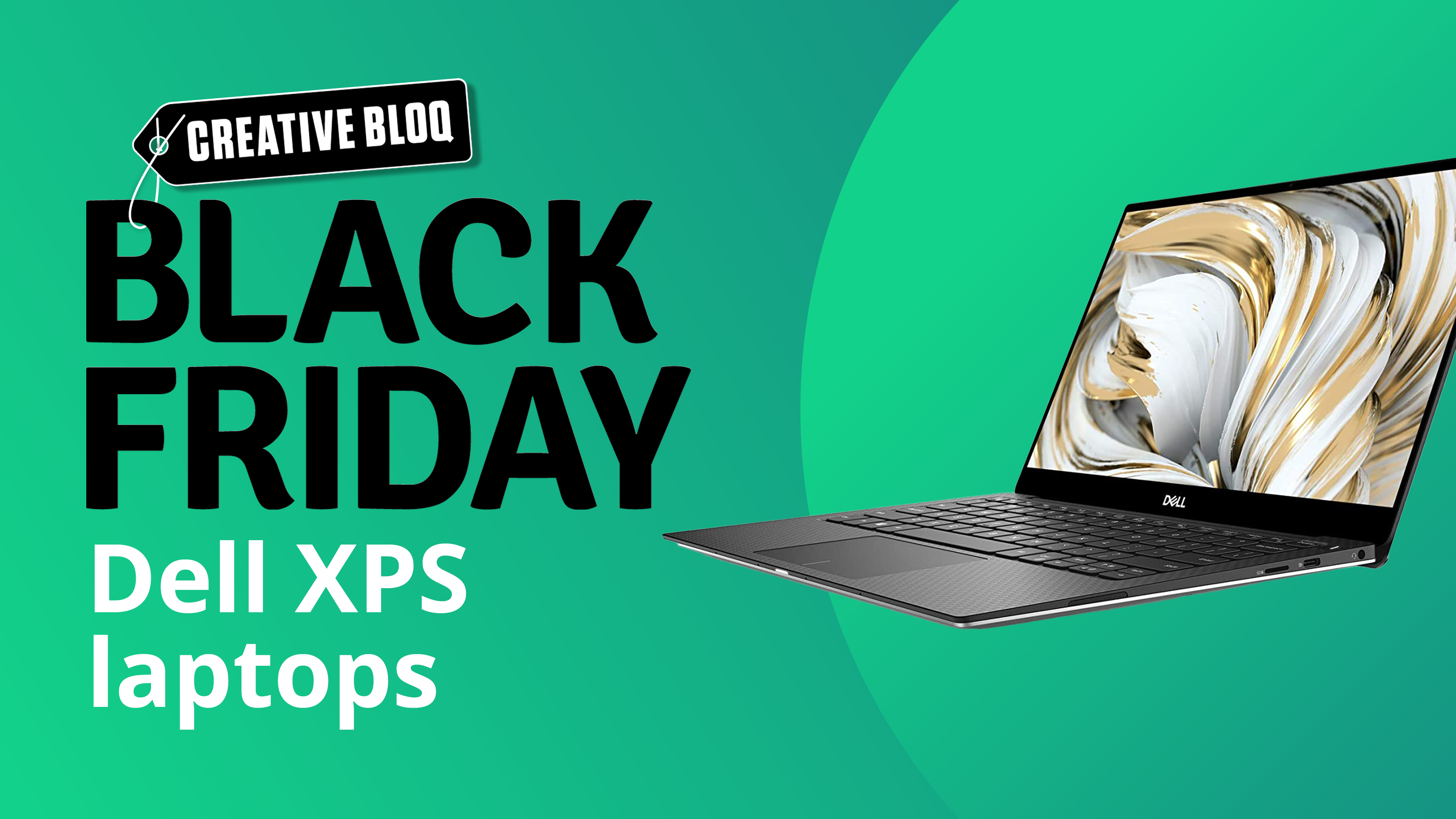 Black Friday Dell XPS deals image with a Dell XPS laptop on a green background