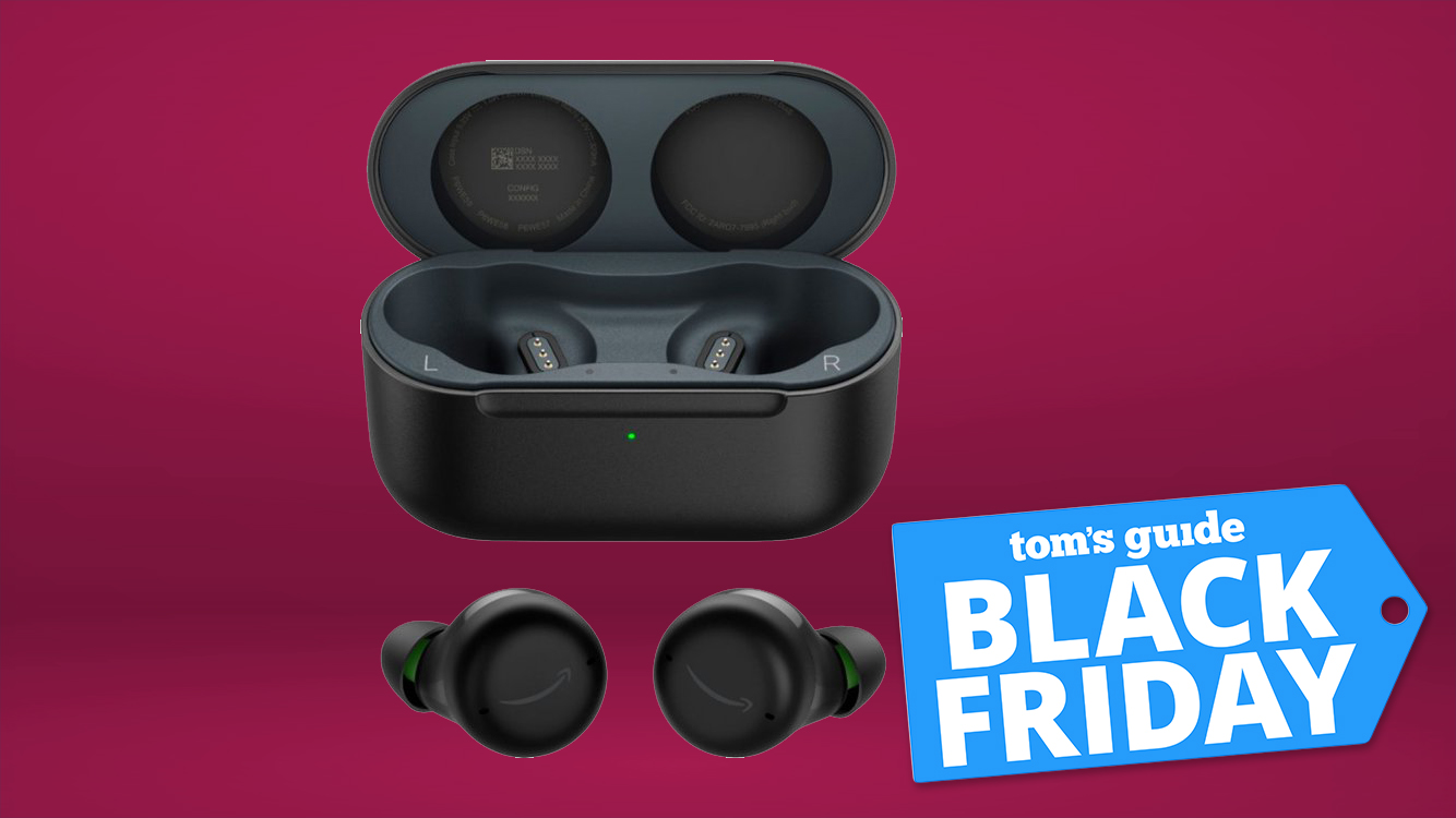 echo buds and charging case on raspberry background with black friday deal tag