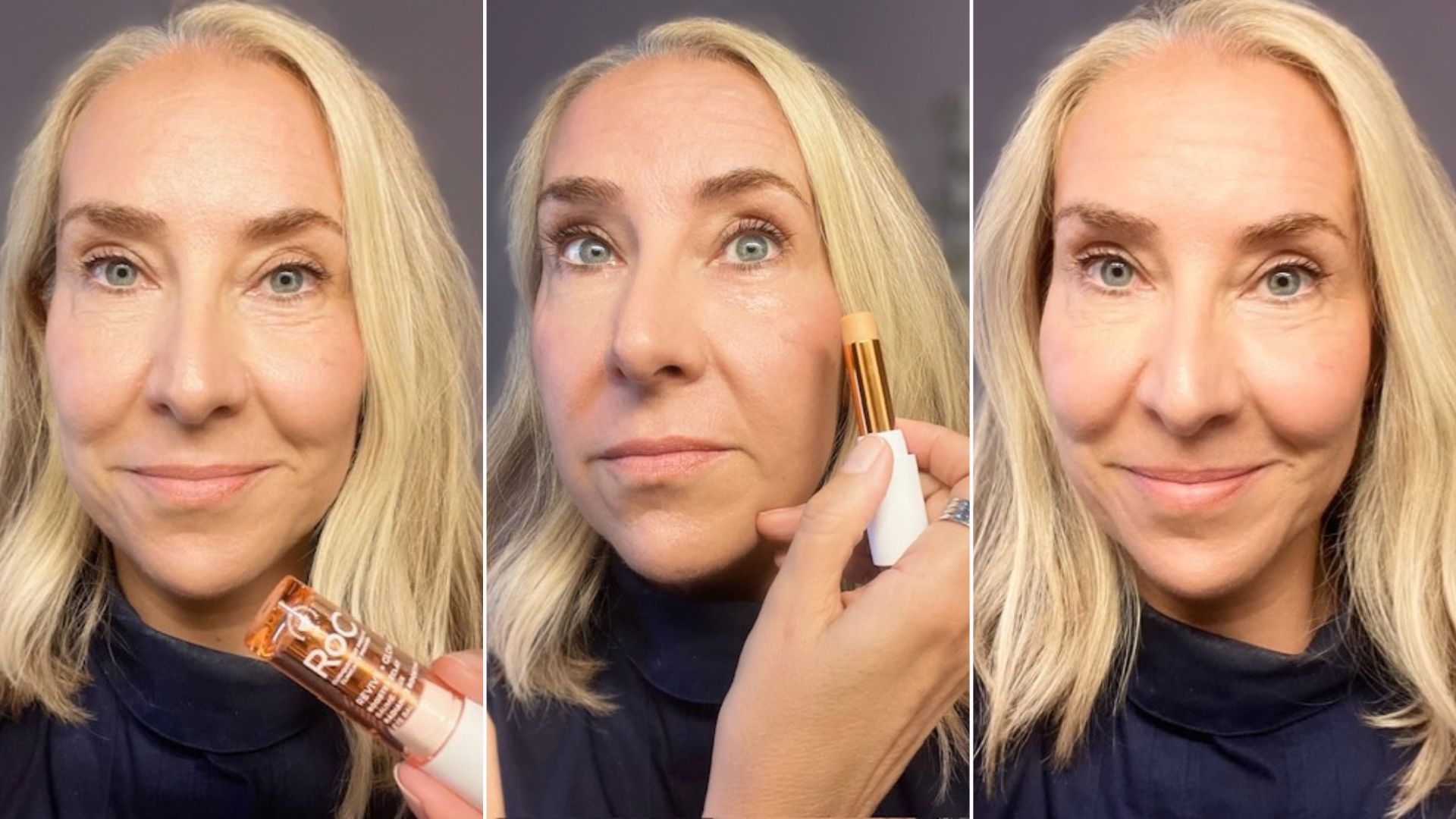 caroline brien pictured holding the roc vitamin c stick, then applying it under her eyes, then after using it to smooth out undereye concealer