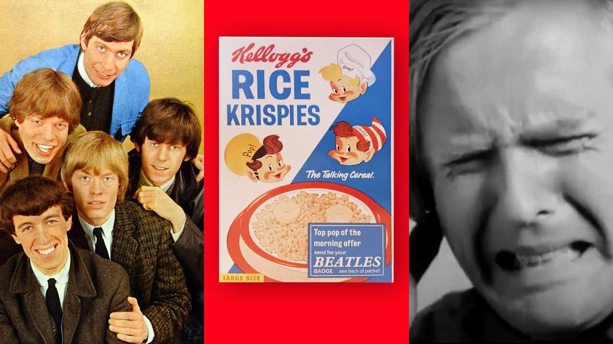 The Rolling Stones in 1964, plus a packet of Corn Flakes and a screengrab from the Kellogg&#039;s ad featuring a man grimacing as he listens to music