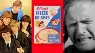 The Rolling Stones in 1964, plus a packet of Corn Flakes and a screengrab from the Kellogg's ad featuring a man grimacing as he listens to music
