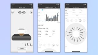 three screenshots from the acaia brewmaster app showing live espresso tracking