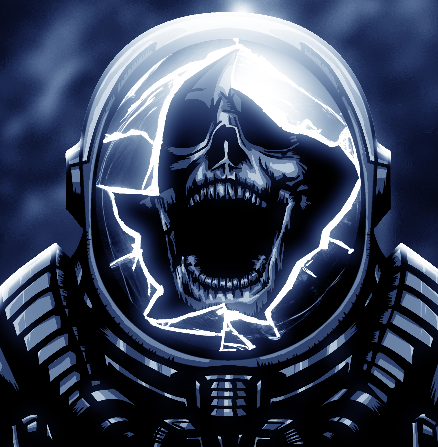 Divine frequency art of skull inside astronaut helmet.