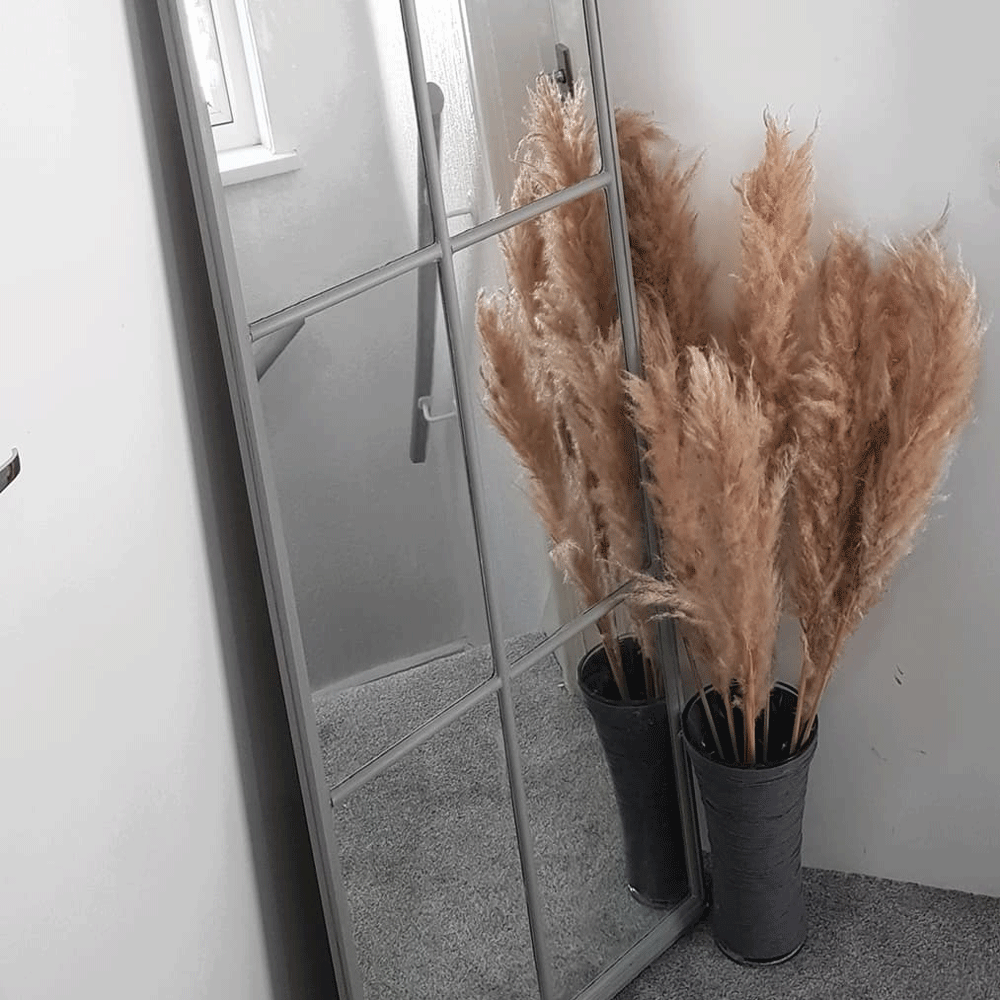 white wall with grid mirror and pampas grass