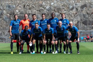 Inter Club d'Escaldes line up ahead of a UEFA Conference League qualifier against Hibernian in July 2023.