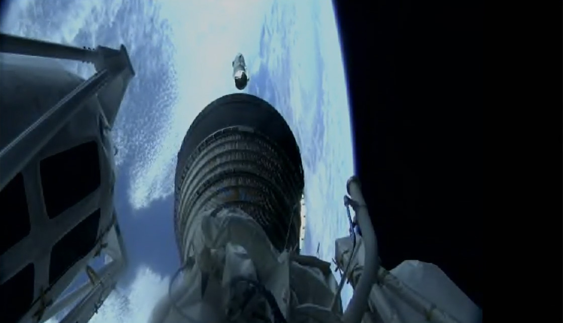 A camera on the Atlas V rocket's upper stage captured this stunning view of Earth (and its own first stage in the distance) during the successful WorldView-4 satellite launch on Nov. 11, 2016.