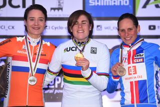 An emotional Sanne Cant on the podium