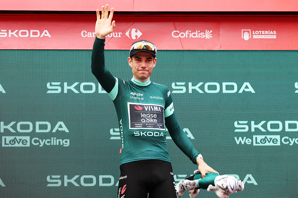LORCA, SPAIN - SEPTEMBER 02: Wout Van Aert of Belgium and Team Visma | Lease a Bike celebrates at podium as Green Points Jersey winner during the La Vuelta - 81st Tour of Spain 2026, Stage 11 a 153.8km stage from Cartagena to Lorca 342m / #UCIWT / on September 02, 2026 in Lorca, Spain. (Photo by Alexander Hassenstein/Getty Images)