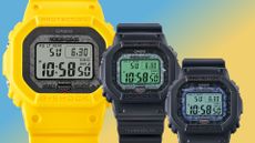 The Casio G-Shock x Charles Darwin Foundation watches on a blue and yellow background