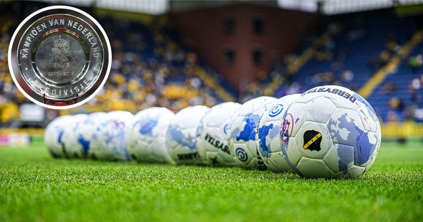 A detailed view of the trophy just before Ajax win the Eredivisie League title at Amsterdam Arena on May 2, 2012 in Amsterdam, Netherlands. matchballs lined up on the new field of NAC Breda during the Dutch Eredivisie match between NAC Breda and Fortuna Sittard at Rat Verlegh Stadion on August 17, 2025 in Breda, Netherlands.