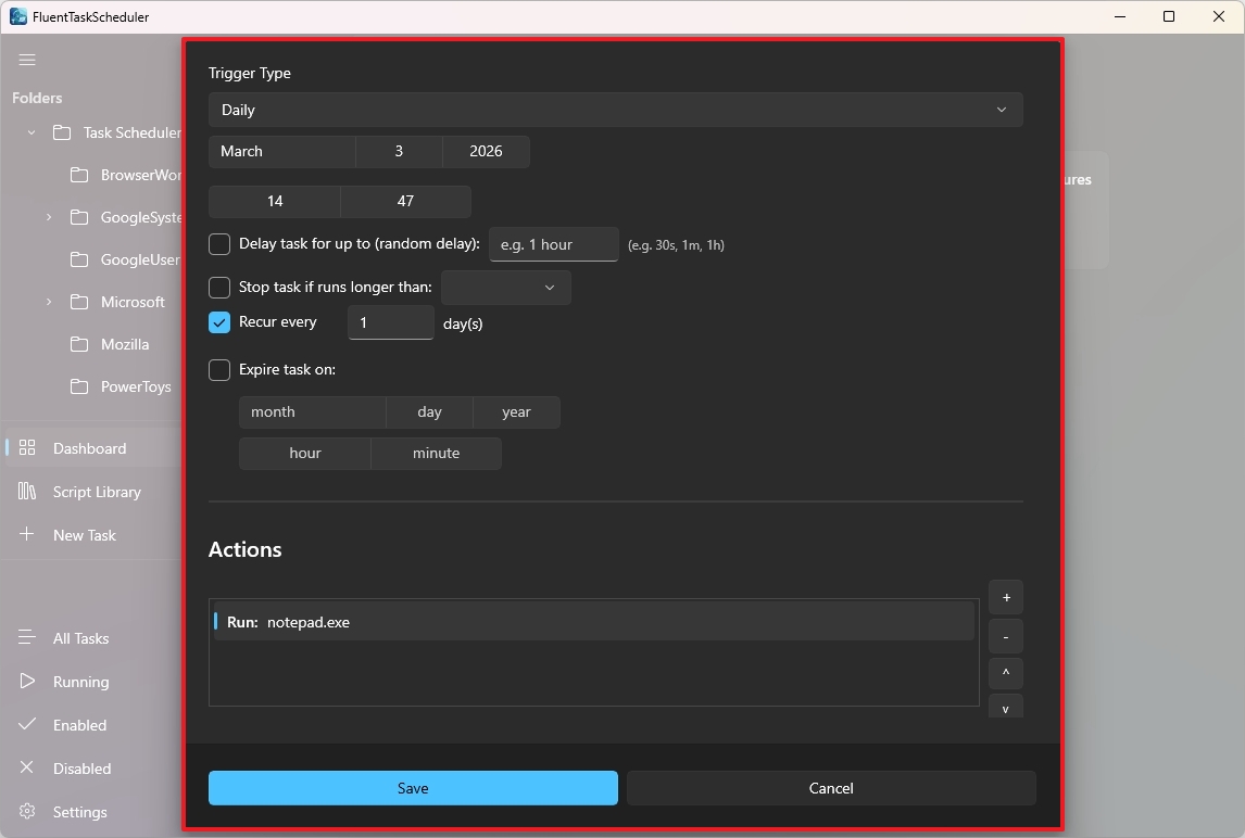 FluentTaskScheduler create task UI