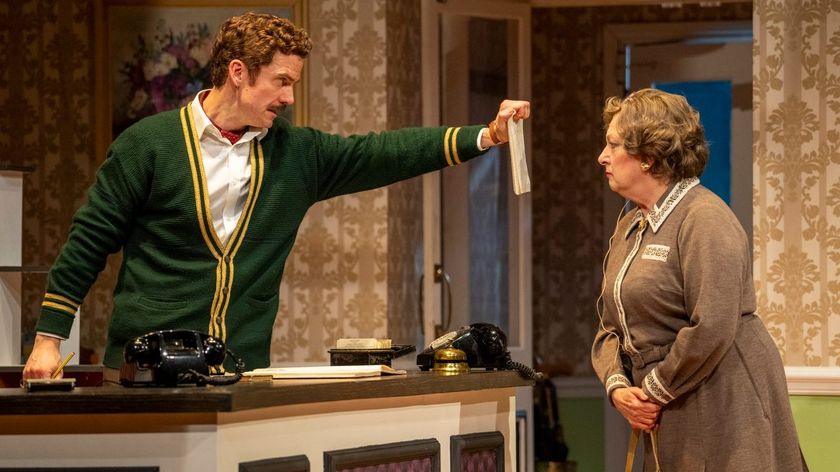 Basil Fawlty (played by Adam Jackson-Smith) has a one way conversation with Mrs Richards (Rachel Zen) in &quot;Fawlty Towers: The Play&quot; on U&amp;Gold TV