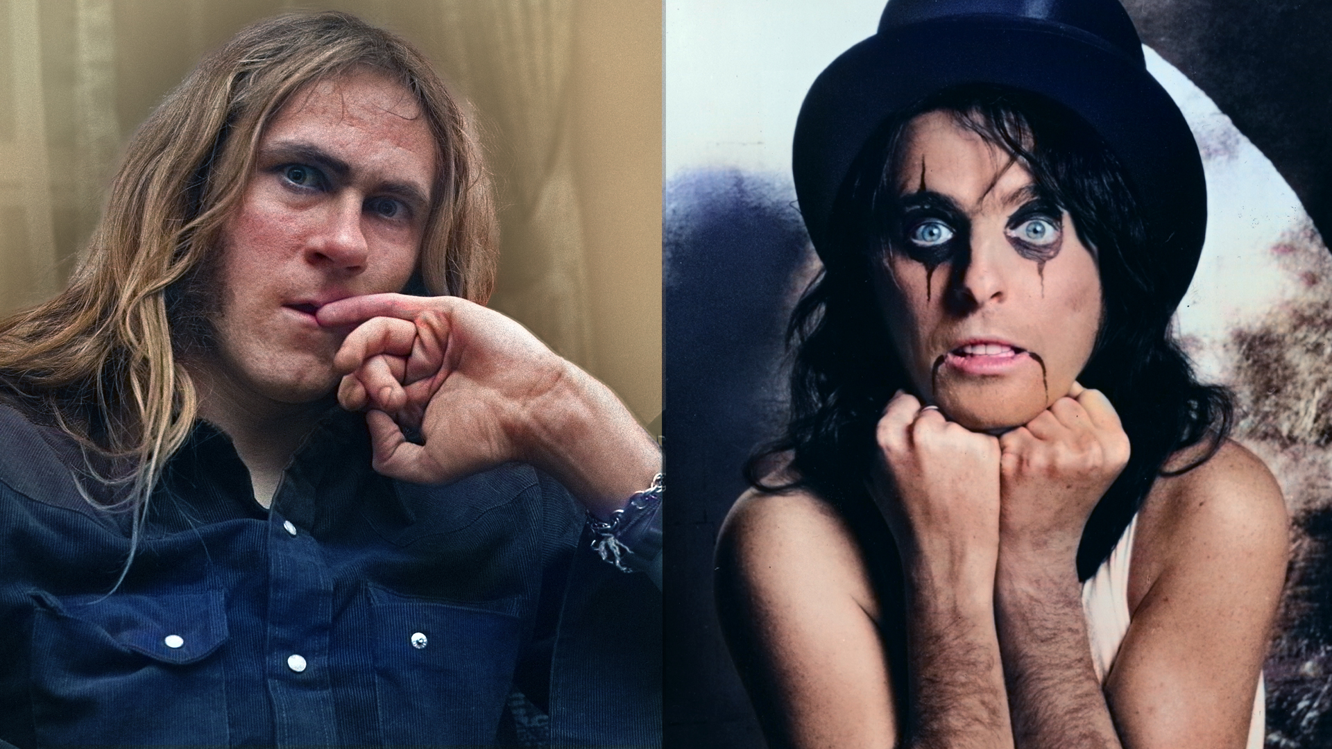 LEFT: American guitarist Glen Buxton, of the Alice Cooper hard rock band, relaxing in a room at The One Fifth Avenue Hotel, between their early and late shows at the Academy of Music in New York City, 1971. RIGHT: Promotional portrait of American rock singer and songwriter Alice Cooper, wearing a top hat and makeup, early 1970s. 