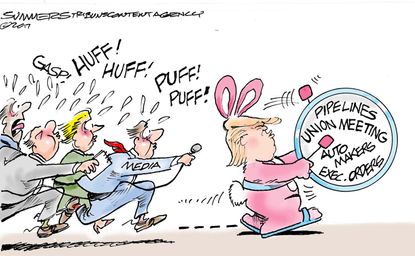 Political Cartoon U.S. Trump executive orders Energizer bunny media
