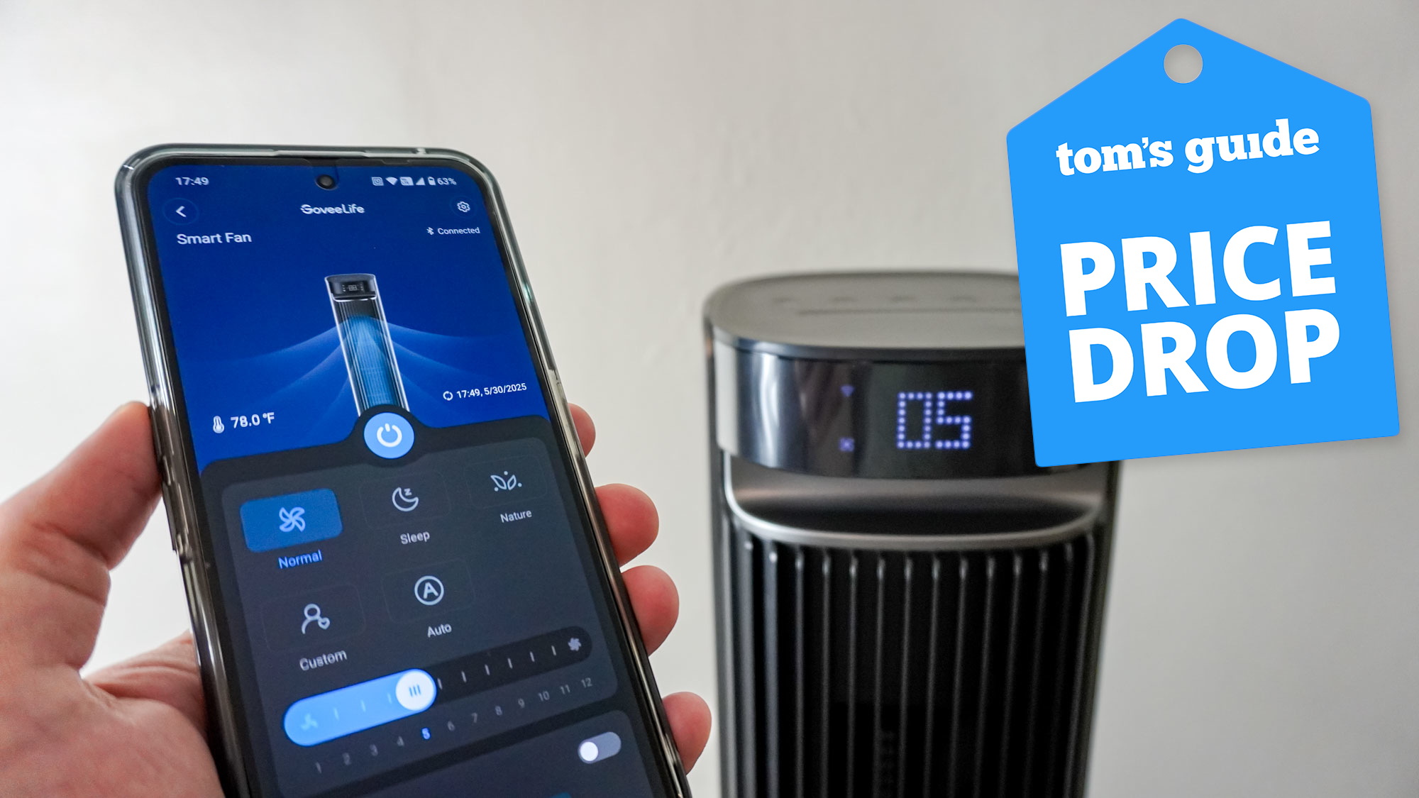 Controlling the Govee Smart Tower Fan 2 Max with the Govee app and a Tom's Guide Price Drop badge on top