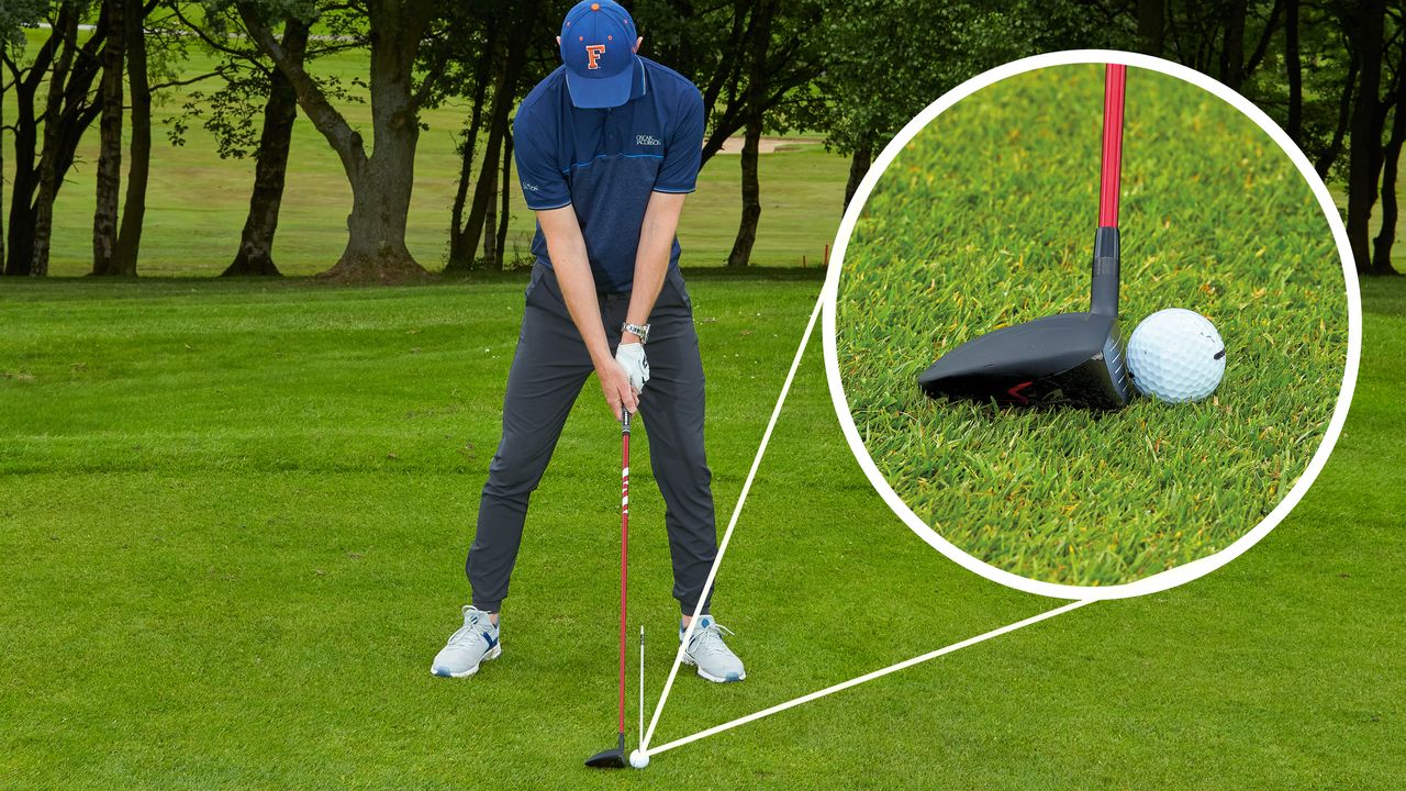 Ged Walters demonstrating the correct set-up for a fairway wood shot and inset image close up of clubhead behind the golf ball