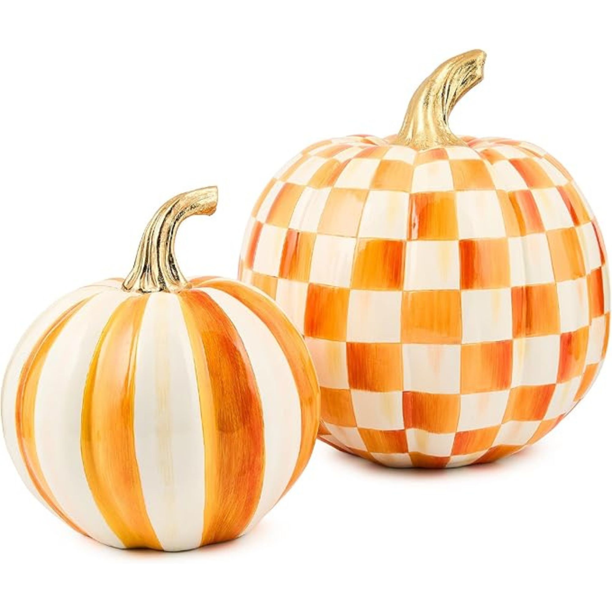 Mackenzie Childs, Set of 2 Pumpkins, Resin Halloween and Fall Decor, Small and Medium, Orange-and-White Orange Stripe and Check