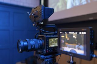 Blackmagic Pyxis 6K camera on set, with optional monitor