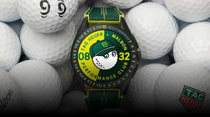Lifestyle image of the TAG Heuer Connected Calibre E4 45MM x Malbon Golf Edition surrounded by golf balls