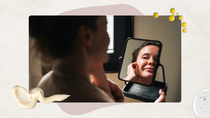 Image of woman applying skincare routine in the mirror, on a beige background with cream, serum and oil swatches
